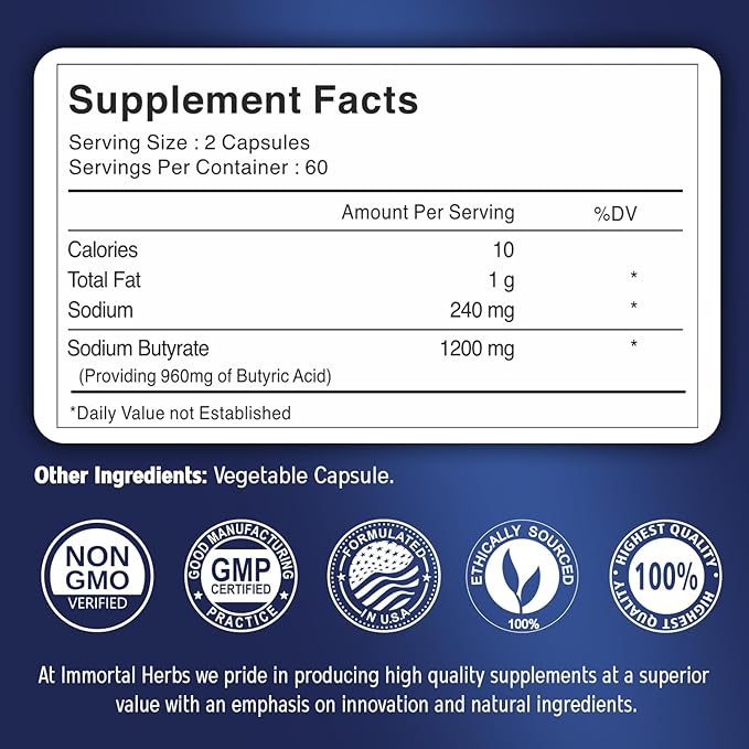 Sodium Butyrate Capsules 1200mg, High Absorption Postbiotic, 120 Count, Standardized Butyric Acid, Vegan, Non-GMO & Gluten-Free Butyrate Supplement for Women and Men