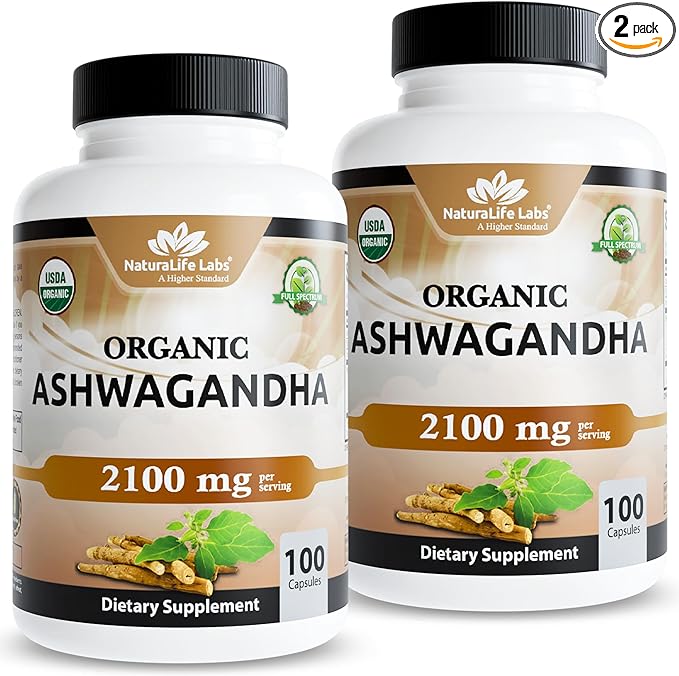 NaturaLife Labs Organic Ashwagandha 2100 mg per Serving – Full Spectrum Root Powder and Standardized Extract (Withanolides) – 100 Capsules – Vegan – Non-GMO, Gluten-Free (2 Pack)