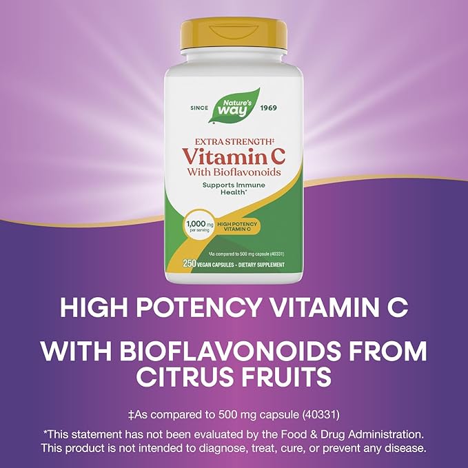 Nature's Way Extra Strength(1) Vitamin C with Bioflavonoids, Supports Immune Health*, Promotes Collagen Production for Healthy Skin*, 1,000 mg per Capsule, 250 Vegan Capsules (Packaging May Vary)