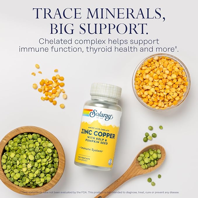 SOLARAY Zinc Copper Amino Acid Chelate - Immune Support Supplement w/Chelated Zinc 50mg - Bone, Skin, Heart Health and Thyroid Support - with Iodine from Kelp, 60-Day Guarantee, 100 Serv, 100 VegCaps