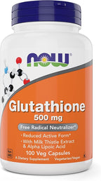 Now Glutathione 500 mg, 100 Vegan Capsules - Reduced Form GSH Supplement - Enhanced with Milk Thistle Extract and Alpha Lipoic Acid