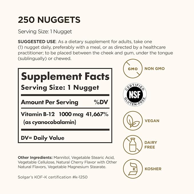 Solgar Vitamin B12 1000 mcg,250 Nuggets-Supports Production of Energy,Red Blood Cells-Healthy Nervous System-Promotes Cardiovascular Health-Vitamin B-Non-GMO,Gluten Free-250 Servings,(Pack of 2)