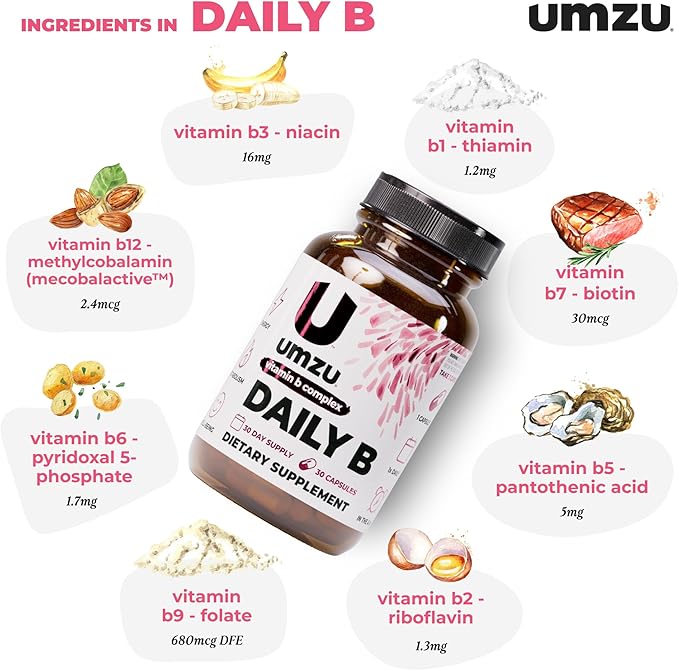 UMZU Daily B, 30 Day Supply – Complete Vitamin B Complex Supplement Blend with B1, B2, B3, B5, B6, B7, B9 & B12 Plus Folic Acid & Biotin – Supports Energy, Focus, Mood, Metabolism & Overall Wellness