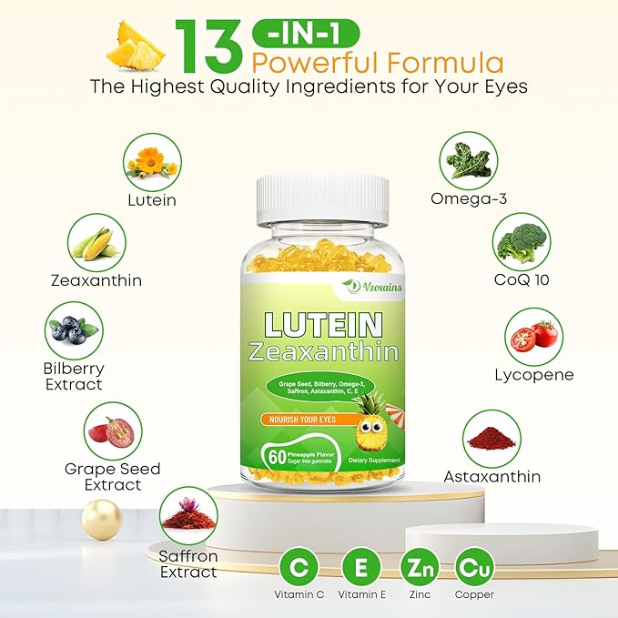 Lutein 20 mg with Zeaxanthin Gummies, Lutein and Zeaxanthin Supplements with Eye Vitamins C, E, Bilberry for Eye Health - 60Cts