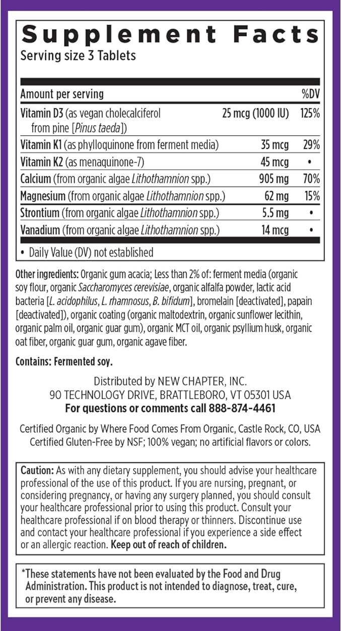 New Chapter Calcium Supplement - Bone Strength Plant-Based USDA Organic Calcium with Magnesium, Vitamin D3+K2, for Bone Health & Joint Mobility, Heart Support, 905 mg dose - 120 Slim Tablets