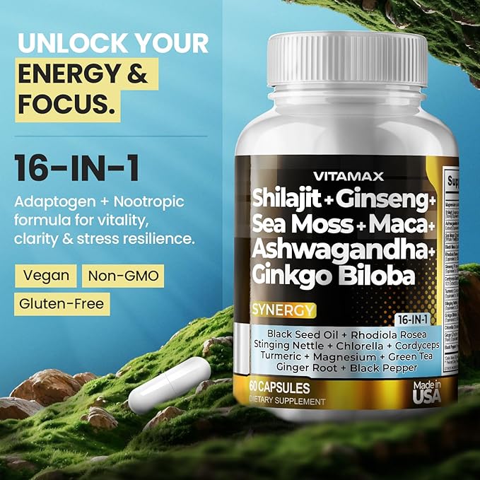 Vitamax Pure Himalayan Shilajit Supplement, Ashwagandha, Sea Moss, Rhodiola Rosea, Gingko Biloba - Fulvic Acid & Trace Mineral Capsules for Men and Women – Made in USA