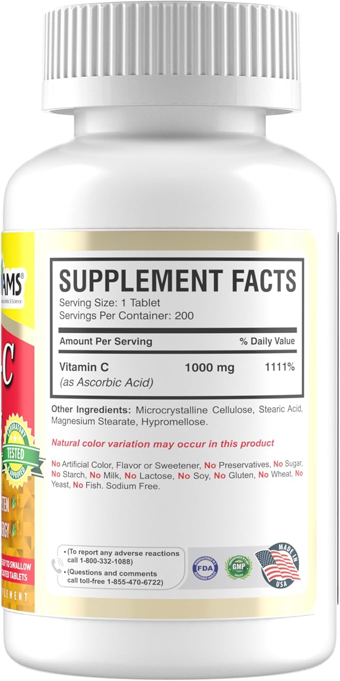 America Medic & Science Rapid-C 1000mg Vitamin C Supplement (1 Pack of 200 Tablets) Energy Booster, Daily Immune System Support, Antioxidant | Vegan, Non-GMO Coated Ascorbic Acid for Adult Men & Women