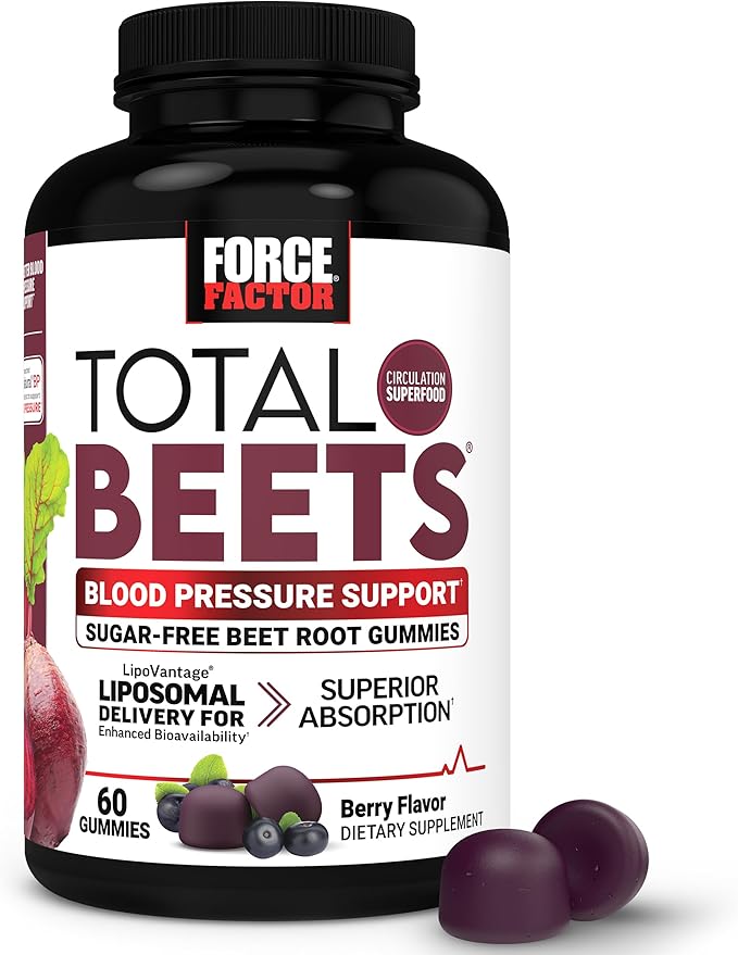Force Factor Total Beets Gummies, Blood Pressure Support, Liposomal Beet Powder for Superior Absorption, Grape Seed for Nitric Oxide, Circulation & Heart Health, Sugar Free, Mixed Berry, 60 Gummies