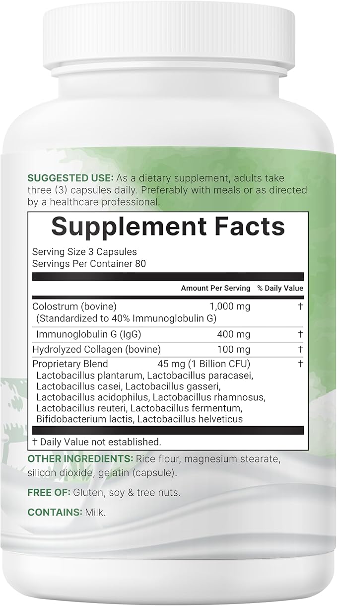 Micro Ingredients Bovine Colostrum 1,000 mg Per Serving, 240 Capsules | 40% IgG First Milking with Collagen & Probiotics | Colostrum Supplement with 10 Probiotic Strains | Non-GMO, Gluten Free