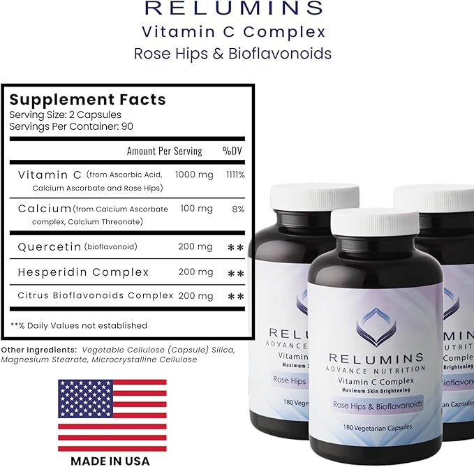 Relumins Advanced Vitamin C Supplement with Rose HIPS - 1000mg of Vitamin C Immune Support & Collagen Production, Made in USA, Ultimate Wellness Gift for Mom, 180 Capsules x 3 Bottles (9-Month Supply)