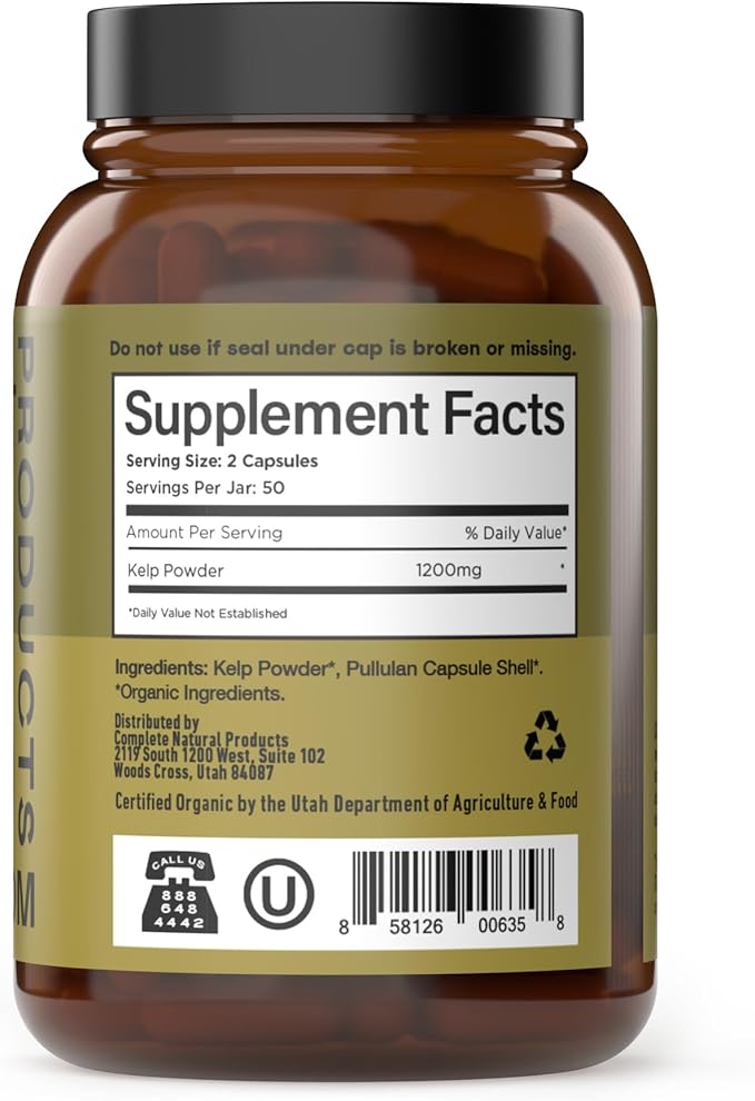 Complete Natural Products Organic Icelandic Sea Kelp Capsules - Pure 600mg Capsules, 100 Pills, Raw Seaweed & Thyroid Support Supplement