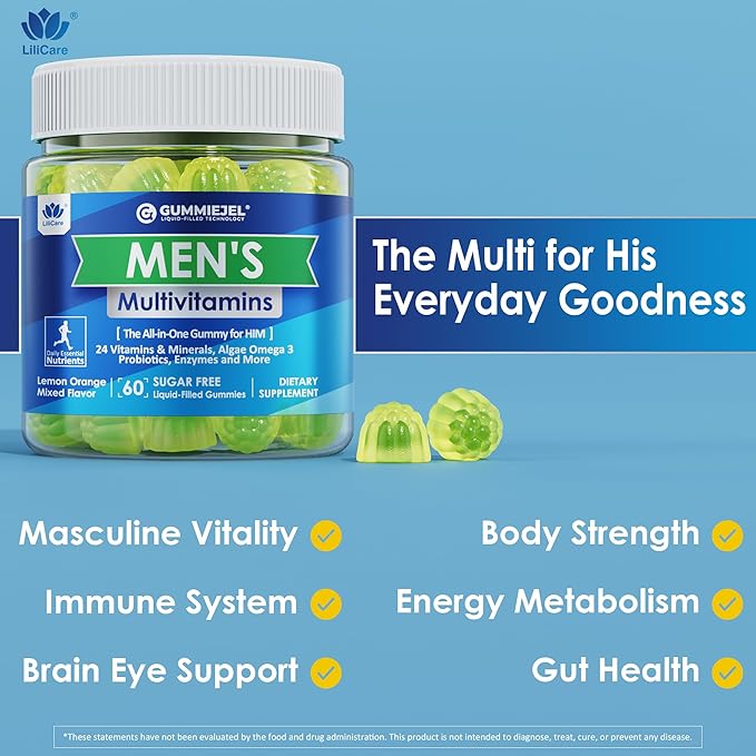 Mens Multivitamins Gummies, Methylated Multivitamin for Men, B Complex, Minerals, Vegan Omega 3, Probiotic, Enzyme, Antioxidants for Men's Complete Daily Support, Sugar Free, Vegan (No Iron) 60 Counts