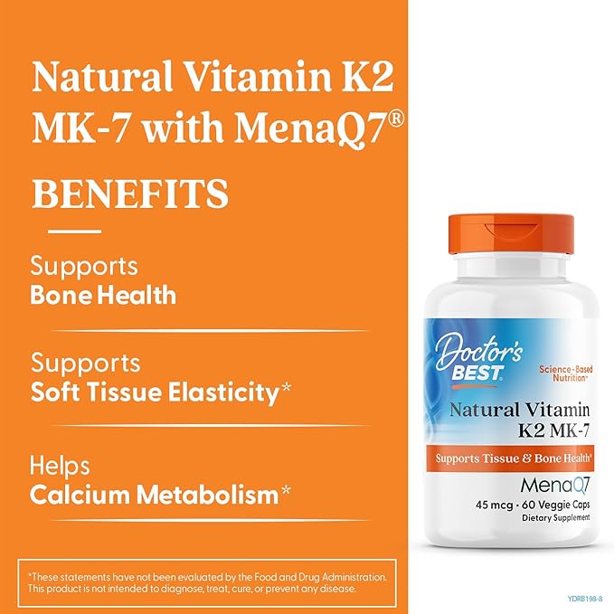 Doctor's Best Natural Vitamin K2 MK7 Supplement for Men & Women - Bone Health Support, 45 mcg Vitamin K-2 MK-7 Capsules with MenaQ7, Calcium Support, Non GMO, Vegan - 60 Veg Caps