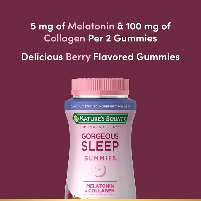 Nature's Bounty Optimal Solutions Gorgeous Sleep Melatonin 5mg Gummies with Collagen, 60 Count, Assorted Fruit Flavors, 30 Total Servings