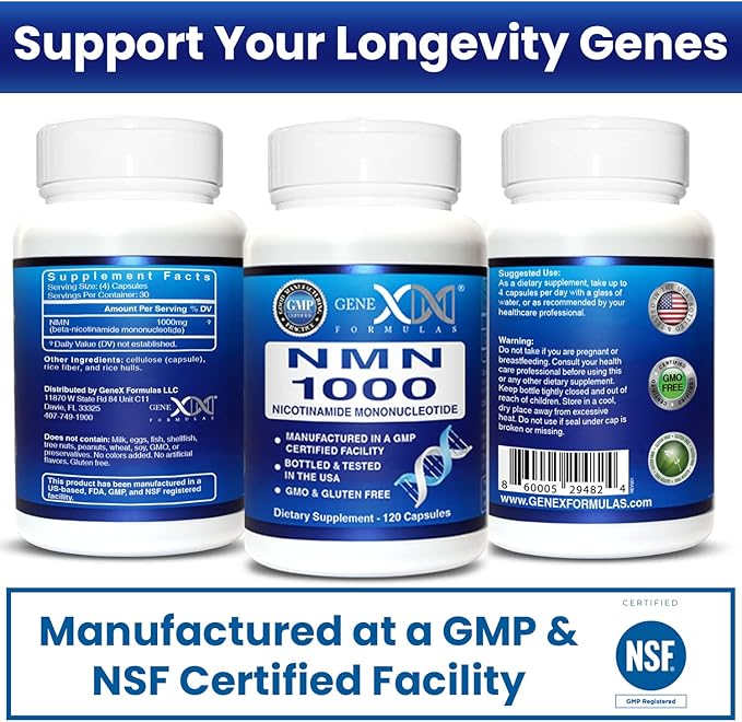 Genex Formulas NMN 1000mg - 99% Pure Shelf Stabilized Supplement Capsules for Increased NAD Levels & Healthy Aging, GMP Certified, 1000mg per Serving, 120 Capsules