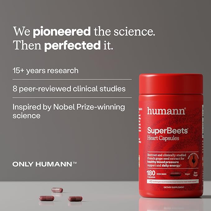 Humann SuperBeets Beet Root Capsules Quick Release 1000mg, Helps Support Nitric Oxide Production, Blood Pressure Support, Heart Health, Contains Non-GMO Beetroot Powder, Studied Antioxidants 180 Count