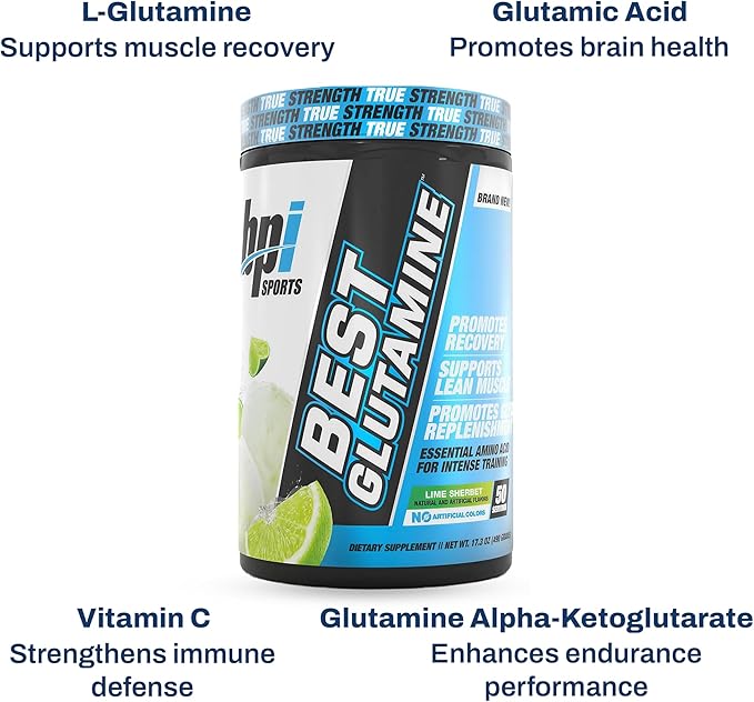 BPI Sports Best Glutamine Supplement, L Glutamine Powder for Gut Health, Muscle Recovery and Immune Support – 6 Advanced Glutamine Types + Vitamin C – 50 Servings – Lime Sherbet Flavor