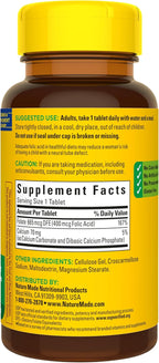 Nature Made Folic Acid 400 mcg (665 mcg DFE) Dietary Supplement for Nervous System Function, Folic Acid Supplements for Women and Men, 250 Tablets, 250 Day Supply