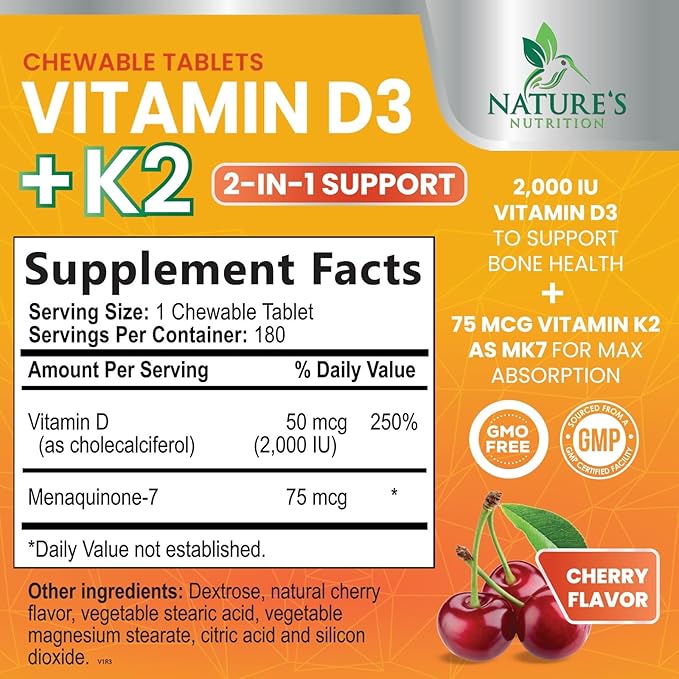 Vitamin D 2000 IU 50mcg Per Tablet - Vitamins D3 & K2 (MK7) Complex Supplement for Bone, Teeth, Muscle, Calcium Absorption, Supports Immune & Heart Health, Chewable Formula USA Bottled - 180 Tablets