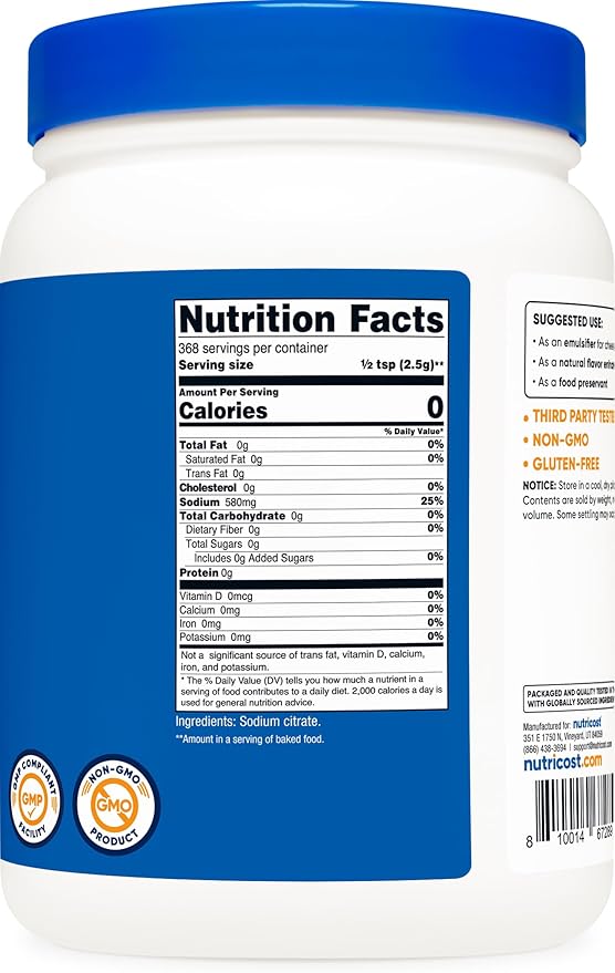 Nutricost Sodium Citrate Powder 2LB (32.4oz) - Food Grade, Non-GMO - Emulsifier, Natural Flavor Enhancer, Food Preservant