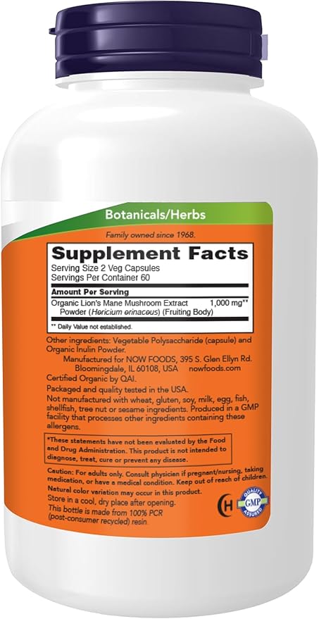 NOW Foods Supplements, Lion's Mane 500 mg, Super Mushroom, Made with Organic Lion's Mane Mushrooms, 120 Veg Capsules (Pack of 2)