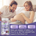 Vegan Iron Supplement 65mg, Iron Gummies for Women and Men with Vitamin C 250mg, Vitamin A, B-Complex, Biotin, Zinc & Folate, Folate for Energy Boost, Immune Health, 120 Count