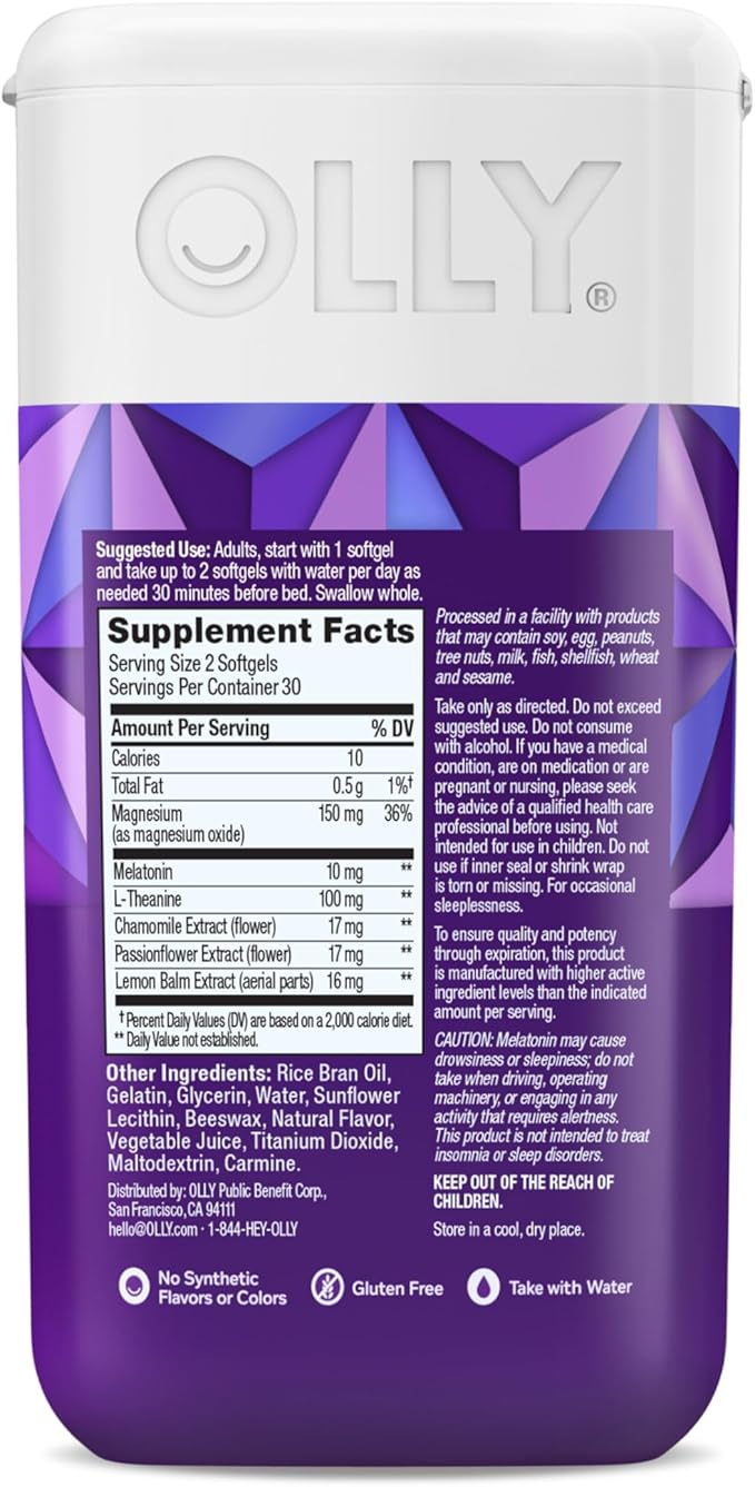 OLLY Ultra Strength Sleep Softgels, 10mg Melatonin, L-Theanine, Chamomile, Magnesium, Lemon Balm, Supports Deep Restful Sleep, Nighttime Sleep Aid, Non Habit-Forming - 60 Count (Pack of 2)