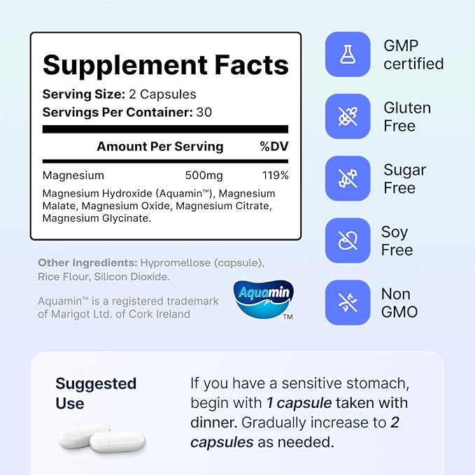 Spectrum 5 Magnesium | 5-in-1 Complex + 72 Trace Minerals for Enhanced Absorption | Irish Sea Sourced | 500mg per Serving | Made in USA, Third Party Tested, GMP Certified