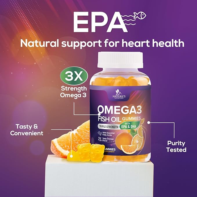 Omega 3 Fish Oil Gummies - 3X Strength Heart Health Support - High Absorption Omega 3 Fish Oil Gummy Supplement with DHA & EPA - Joint & Brain Support for Adults - Tasty Orange Flavor - 120 Gummies