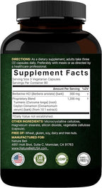 NatureBell Berberine Supplement 1,500mg with Ceylon Cinnamon & Turmeric Root, 240 Veggie Capsules | 97% Pure Berberine HCL | Supports Balanced Sugar Levels & Heart Health | Vegan, Non-GMO