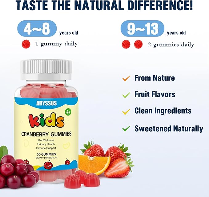 ABYSSUS Cranberry Gummies for Kids, D-Mannose with Cranberry Supplement, Elderberry & Vitamin C & Zinc, Urinary Tract Health & Immune Support, 60 Count