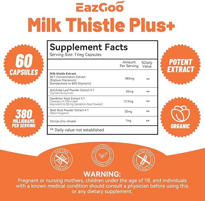 Milk Thistle Supplement,120 Capsules - 380mg of Extract & 80% Silymarin Standardized, Liver Support Supplement, Vegan, Non-GMO
