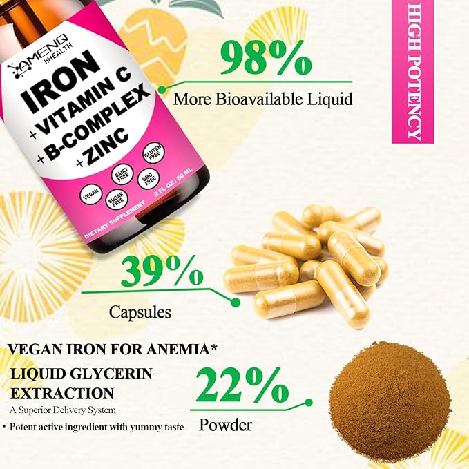 Iron Supplement for Women Men & Kids, Iron Vitamin C, A, B-Complex, Vegan Iron Drops High Potency Liquid Vitamin & Iron Supplements for Anemia, Red Blood Cell, Energy, Blood Builder, Gentle