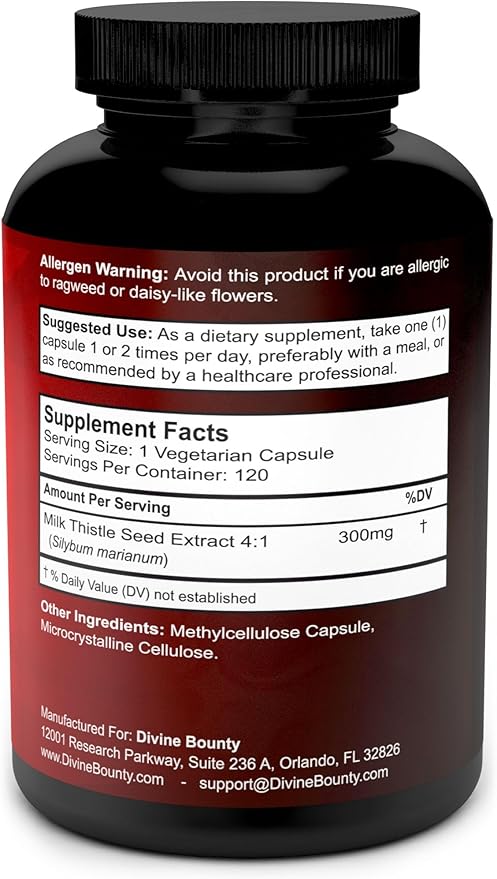 Divine Bounty Pure Milk Thistle Capsules - A Potent Milk Thistle Supplement with 300mg of 4X Concentrated Extract (Standardized) - 120 Vegetarian Capsules