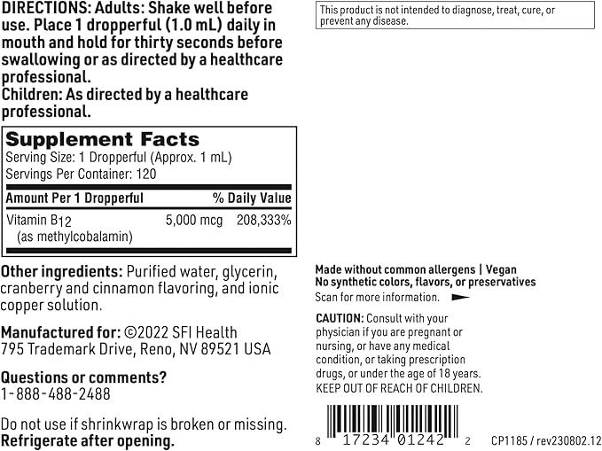 Klaire Labs SFI Health Vitamin B12 Liquid Drops 5mg - Mood & Cognitive Support from 5000mcg Active Coenzyme Methylcobalamin - Hypoallergenic (120 Servings, 4 Fluid Ounces)