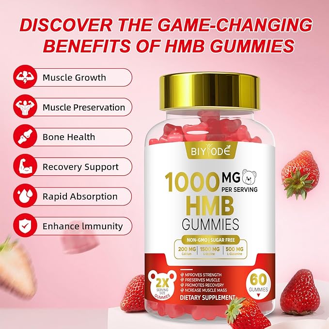 HMB Gummies for Women 1000mg HMB: 1500mg L-Leucine 500mg L-Glutamine Muscle & Bone Support with Calcium Sugar-Free Non-GMO Strawberry Flavor 60 Gummies