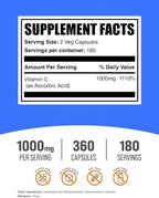BulkSupplements.com Ascorbic Acid Capsules - Ascorbic Acid Vitamin C 1000mg, Vitamin C Supplement - Vegan & Gluten Free, 2 Capsules per Serving, 360 Count (Pack of 1)