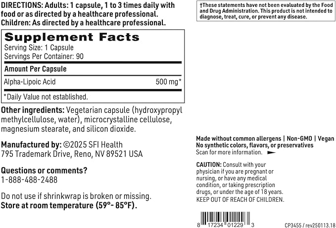 Klaire Labs SFI Health Alpha-Lipoic Acid 500mg - ALA Supplement - Antioxidant, Cardiovascular, Liver & Detox Support - Soy-Free, Yeast-Free, Hypoallergenic (90 Capsules)