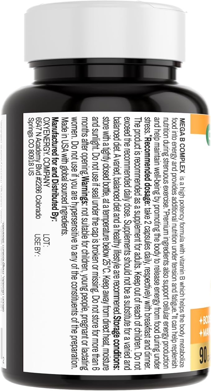OxyEnergy Mega Vitamin B Complex for Women and Men, with Choline Inositol Biotin Folic Acid B1 B2 B3 B5 B6 B12, Neurological Health Support Cellular Energy - 90 Capsules,45Days Supply