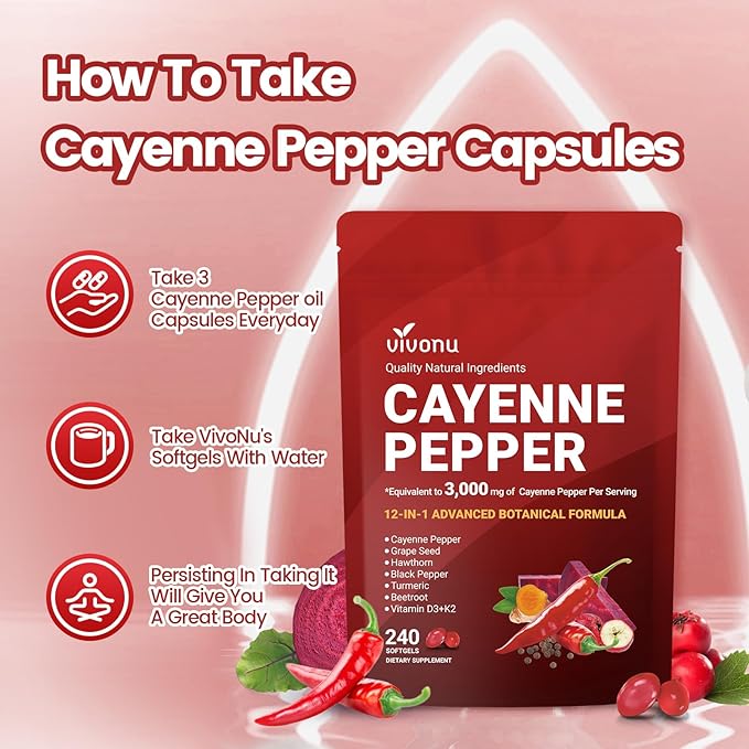 Cayenne Pepper Softgels Supplement, Supports Leg Vein, Heart and Blood Vessel Health, with Vitamin E D3+K2 and Extracts of Grape Seed, Hawthorn, Beetroot, Berberine and Others (Softgels / 1 Bag)