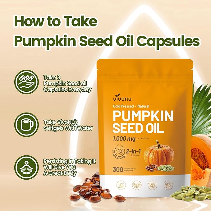 VivoNu Pumpkin Seed Oil with Saw Palmetto Capsules |Cold Pressed, Pure Virgin Oil,Essential Fatty Acids & Phytosterols |300 SoftgelsSupports Hair,Urinary,Bladder&Prostate Health|Non-GMO