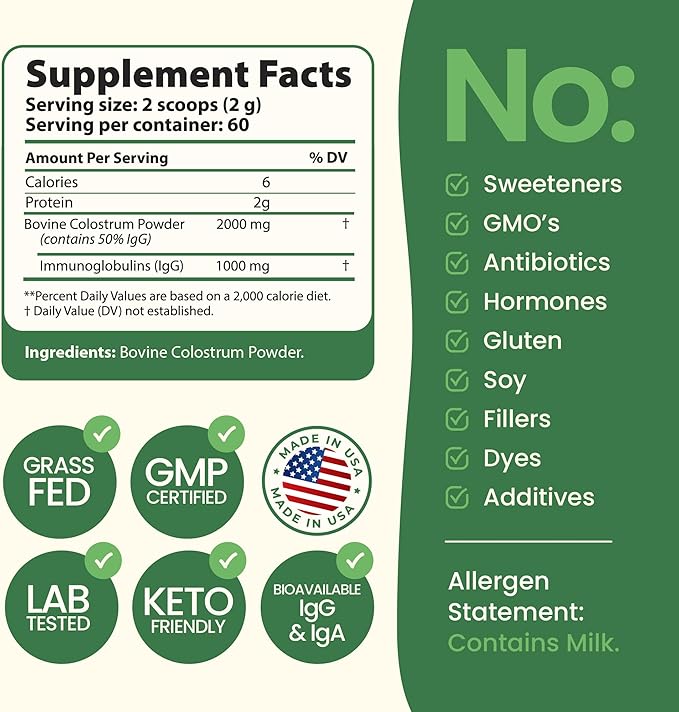 Immerge Health Super Colostrum Powder (60 Servings) – Premium Bovine Colostrum Supplement for Gut Health, Bloating & Immune Support – High IgG, 100% Grass Fed First Milking, Unflavored, Made in USA