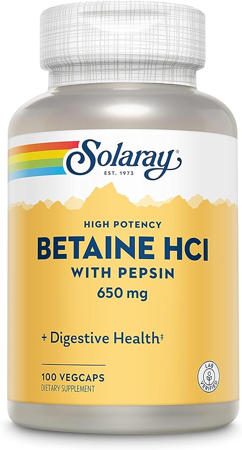 Solaray High Potency Betaine HCL with Pepsin - Hydrochloric Acid Supplement for Digestive Health - with Betaine Hydrochloride and Digestive Enzymes - Gut Health Support - 60-Day Guarantee, 100 VegCaps