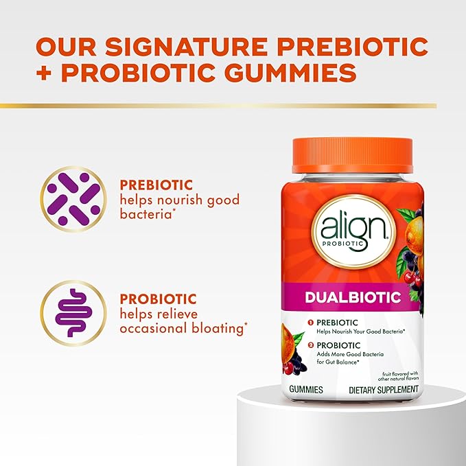 Align Dualbiotic, Prebiotics and Probiotics for Women and Men, Probiotics for Digestive Health, Prebiotics Help Nourish Good Bacteria, Natural Fruit Flavors, 60 Probiotic Gummies (Pack of 12)