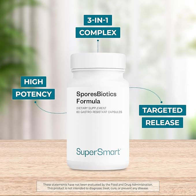 SuperSmart SporesBiotics Formula (Advanced Complex) - 3-in-1 Spore-Based Probiotics with Bacillus Clausii, Subtilis, Coagulans | Gluten Free & Vegetarian - 60 Gastro-Resistant Capsules