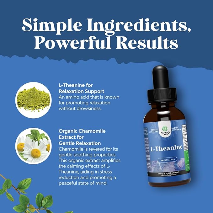 Natures Craft High Absorption L-Theanine Liquid Drops - Nootropic Focus Supplement with L Theanine 200mg Per Serving and Chamomile Extract - Adults and Kids Relaxation and Focus - 2 Fl Oz (3 Pack)