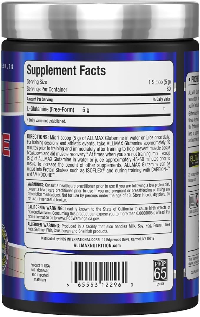 ALLMAX L Glutamine Powder 400g, Fermented L-Glutamine Powder Pure, Unflavored Glutamine Supplement for Gut Health, Recovery & Immune Support, Vegan, Gluten Free