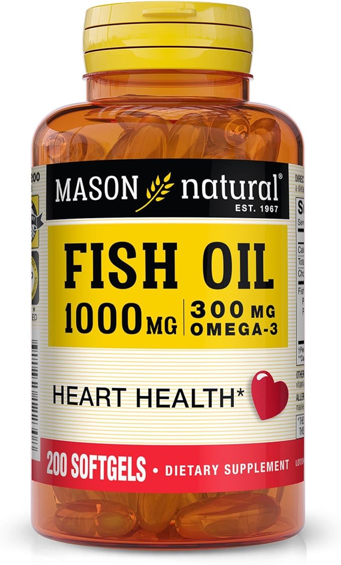 MASON NATURAL Omega,3 Fish Oil, 200,Day Supply, 1000mg with EPA and DHA for Joint Support, Softgel Pills