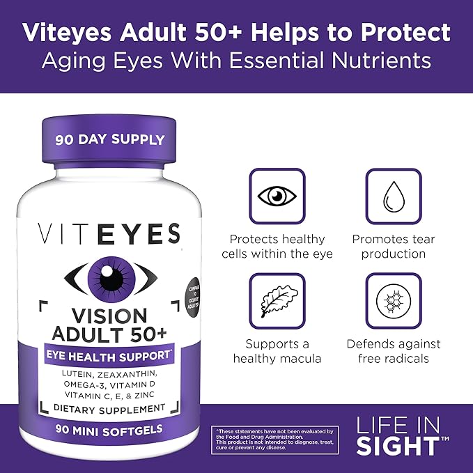 Viteyes Vision for Ages 50 Plus for Eye Health, Vision Support, Aging Eyes, Lutein, Zeaxanthin, Omega-3, Zinc, Vitamin C, Vitamins D, Vitamins E, Eye Doctor Trusted, Manufactured in The USA, 90 Ct