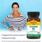 Country Life Vitamin B-6, Supports Energy and The Nervous System, 100mg, 100 Vegan Capsules, Certified Gluten Free, Vegan, Halal, Non-GMO Verified